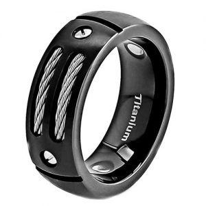 8mm Men's Black Titanium Ring Wedding Band with Stainless Steel Cables and Screw Design Wedding Ring