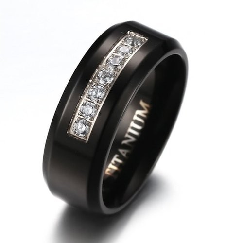 8MM Men's Black Titanium Wedding Band Ring with Black Cubic Zirconia CZ