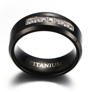 8mm Men's Black Titanium Wedding Band Ring with 7 Simulated Cubic Zirconia Set CZ
