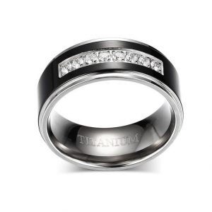 8mm Men's Black Titanium Wedding Band Ring with 8 Simulated CZ Set