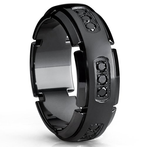 8mm Men’s Black Titanium Wedding Band Ring with Black Cubic Zirconia CZ