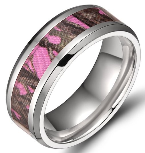 8mm Men’s Titanium Ring Pink Forest Camo Camouflage Comfort Fit Wedding Band