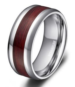 8mm Men's Titanium Ring Real Wood Grain Inlay Polished Beveled Edges Comfort Fit Wedding Band
