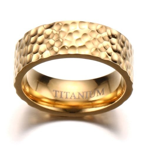8mm Men’s Titanium Wedding Band Ring 18k Gold Plated Hammered Finish With Comfort Fit