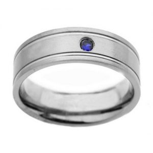 8mm Titanium Grooved Round Synthetic Blue Sapphire Men's Wedding Band