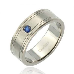 8mm Titanium Grooved Round Synthetic Blue Sapphire Men's Wedding Band