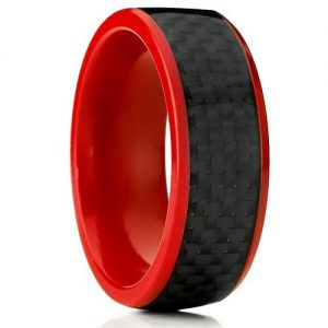 8mm Red Titanium Ring Men's Wedding Band with Black Carbon Fiber Inlay, Comfort Fit