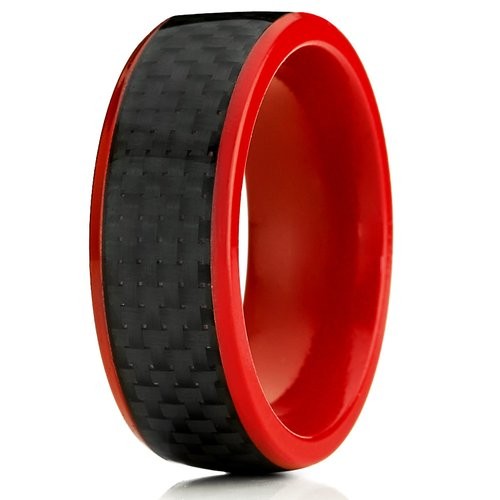 8mm Red Titanium Ring Men’s Wedding Band with Black Carbon Fiber Inlay, Comfort Fit