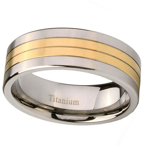 8mm Titanium 14K Gold Two Tone Grooved Men’s Band Ring