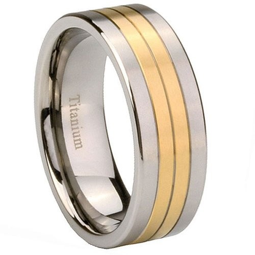 8mm Titanium 14K Gold Two Tone Grooved Men’s Band Ring