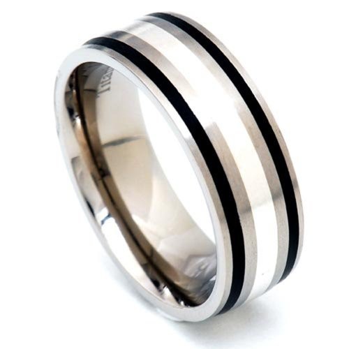 8mm Titanium Band Sterling Silver Strips Black Epoxy Inlay Men’s Wedding Ring