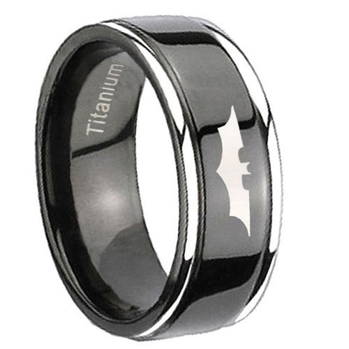 8mm Titanium Batman the Dark Knight Grooved Black Silver Edged Engraved Ring