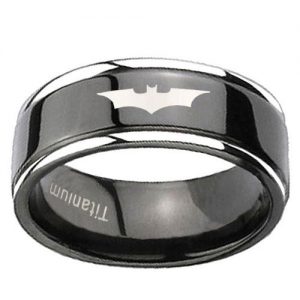 8mm Titanium Batman the Dark Knight Grooved Black Silver Edged Engraved Ring