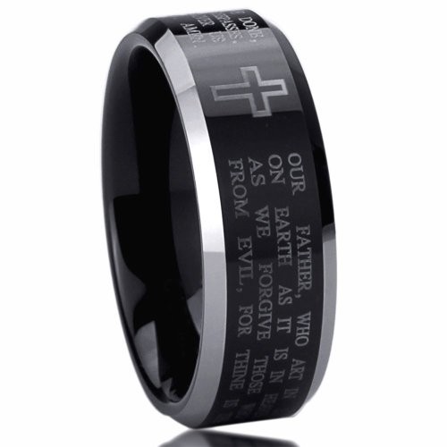 8mm Titanium Comfort Fit Wedding Band Ring Lord’s Prayer with Cross Praying Black Ring