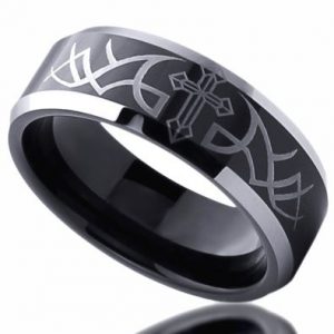 8mm Titanium Comfort Fit Wedding Band Ring Thorn With Cross Beveled Edges Black Ring