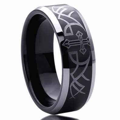 8mm Titanium Comfort Fit Wedding Band Ring Thorn With Cross Beveled Edges Black Ring