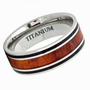 8mm Titanium double Line Hawaiian Koa Wood inlaid with two black pinstripes wedding Ring