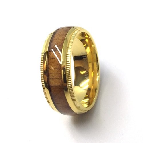 8mm Titanium Gold Plated Wedding Band Ring with Wooden Inlay Center
