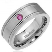 8mm Titanium Cut Band Round Synthetic Pink Sapphire Men's Wedding Ring