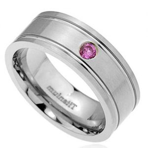 8mm Titanium Cut Band Round Synthetic Pink Sapphire Men's Wedding Ring