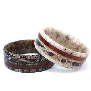 Solid Deer Antler Rings with Camo and Wood inlay,Outdoor Hunting Wedding Band Ring