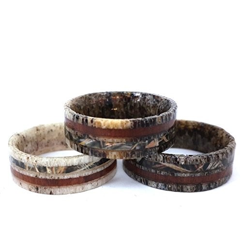 Solid Deer  Antler Rings with Camo and Wood inlay,Outdoor Hunting Wedding Band Ring