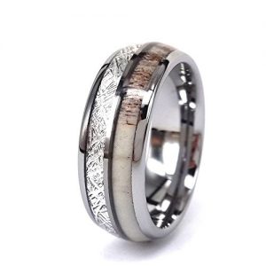 Simulation Meteorite Wedding Tungsten Ring With Deer Antler and Meteorite inlay,Antler Bone Band