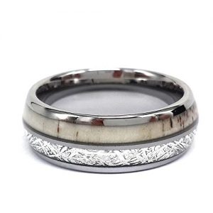 Simulation Meteorite Wedding Tungsten Ring With Deer Antler and Meteorite inlay,Antler Bone Band