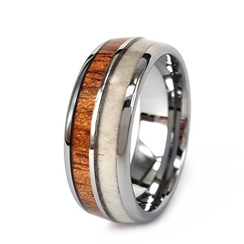 8mm Tungsten Engagement Ring Inlay Hawaii Koa Wood and Natural Antler