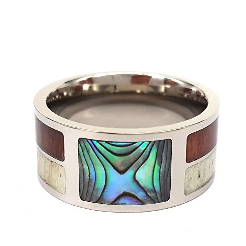 Titanium Ring With Antler and Hawaii Koa Wood and Abalone Shell Inlay