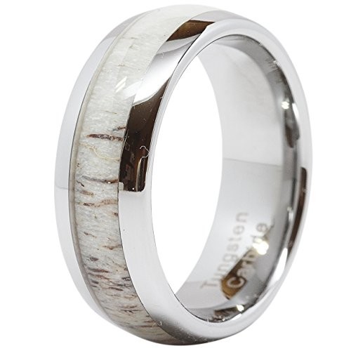 8mm  Antler Inlay Tungsten  Wedding Band Dome Shape Ring