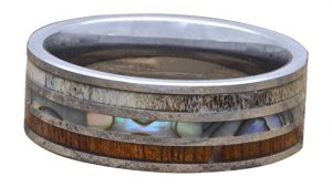 Men's Deer Antler Ring, Tungsten Ring With Koa Wood And Abalone