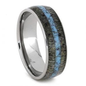 Deer Antler Ring, Turquoise Wedding Band, Men or Women's Titanium Ring