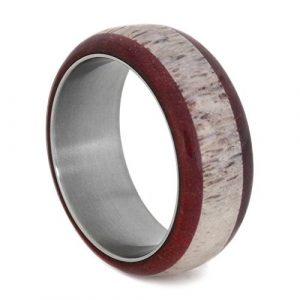 Antler Wedding Band, Titanium Ring With Ruby Redwood, Nature Deer Antler Ring